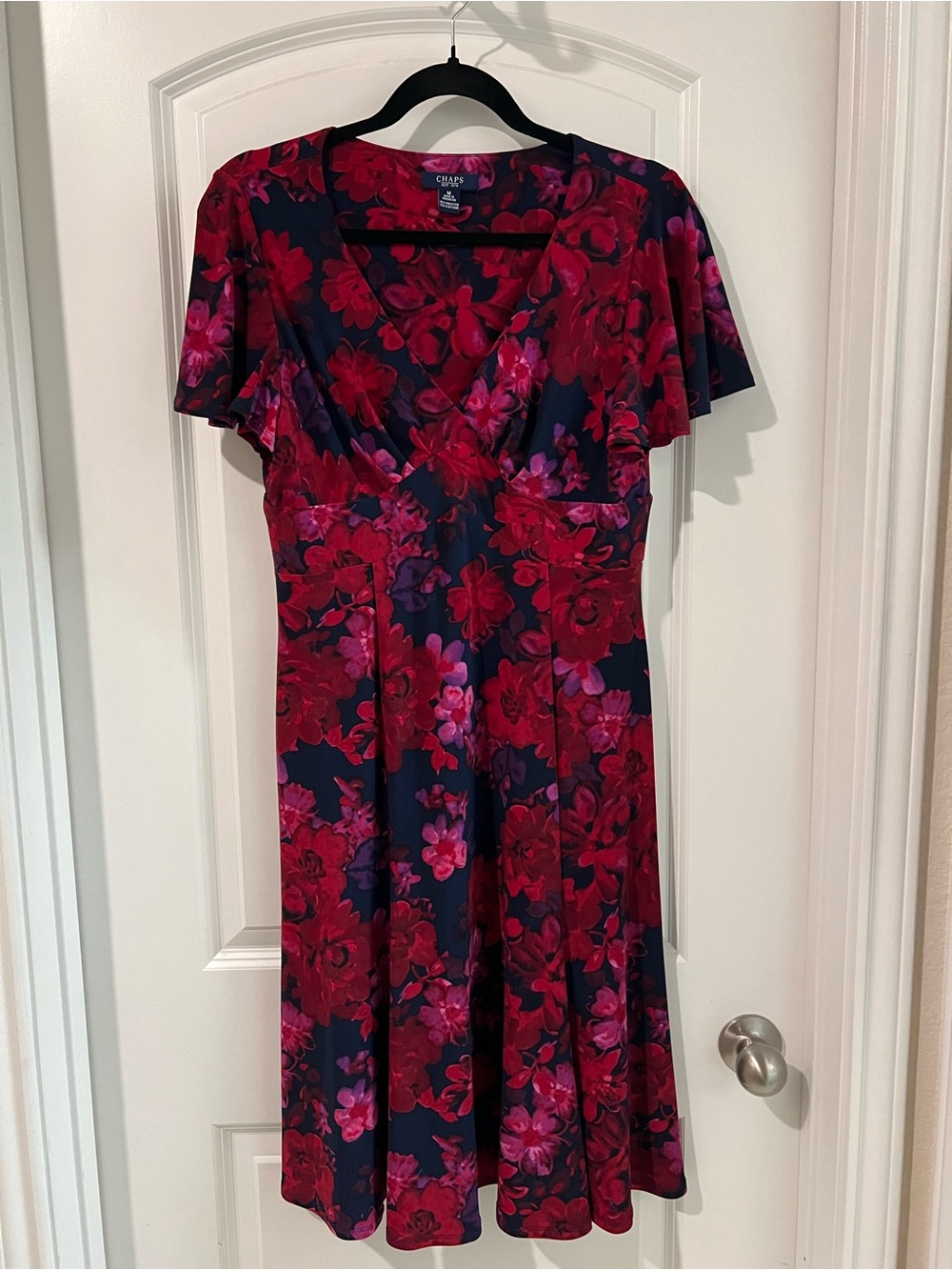 Chaps Navy Dress with Red Floral Print